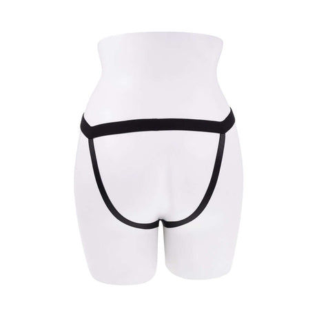 Evolved Come Closer G-spot Massager with Remote Black displayed on a mannequin with a black strap design.