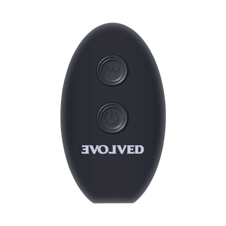 Evolved Come Closer G-spot Massager with Remote Black remote control top view on a white background.