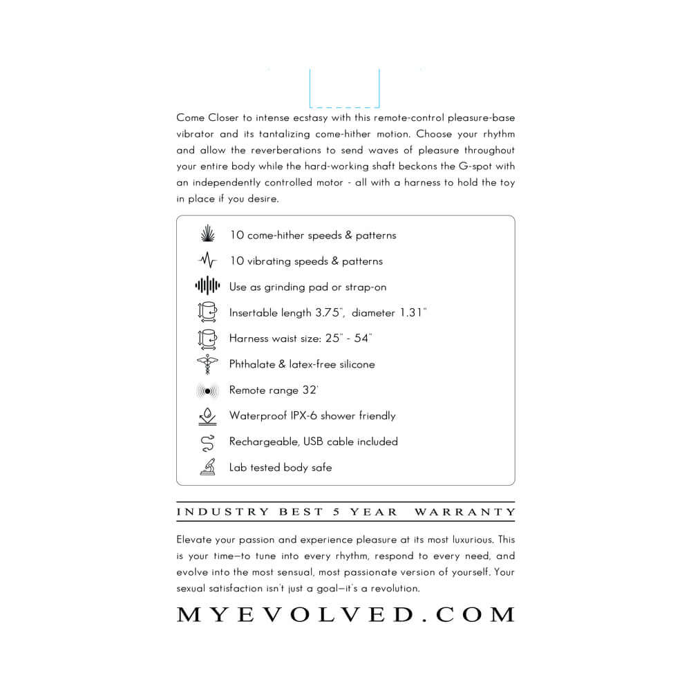 Evolved Come Closer G-spot Massager with Remote Black features detailed specs and usage instructions.