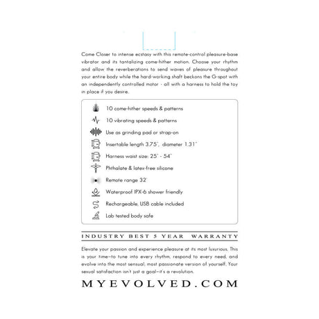 Evolved Come Closer G-spot Massager with Remote Black features detailed specs and usage instructions.