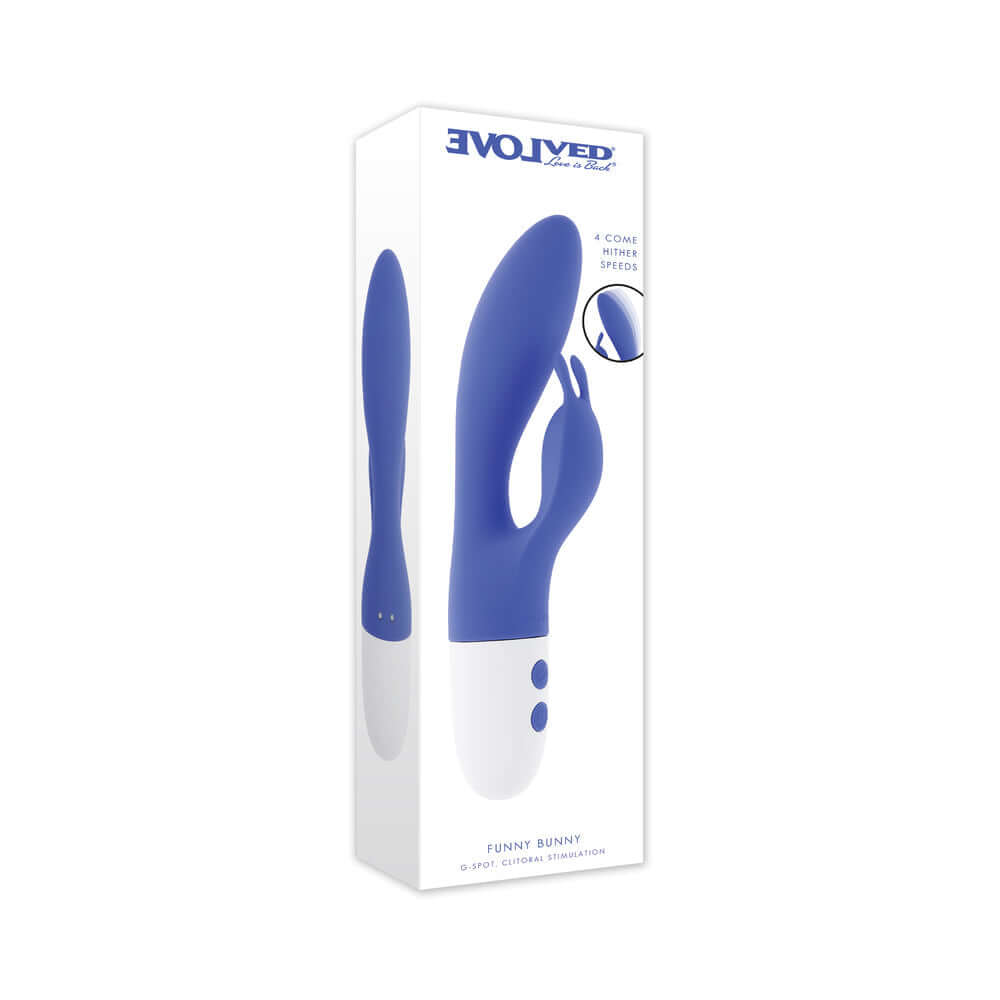 Evolved Funny Bunny Vibrator Blue in packaging featuring a dual-stimulation design and vibrant blue color.