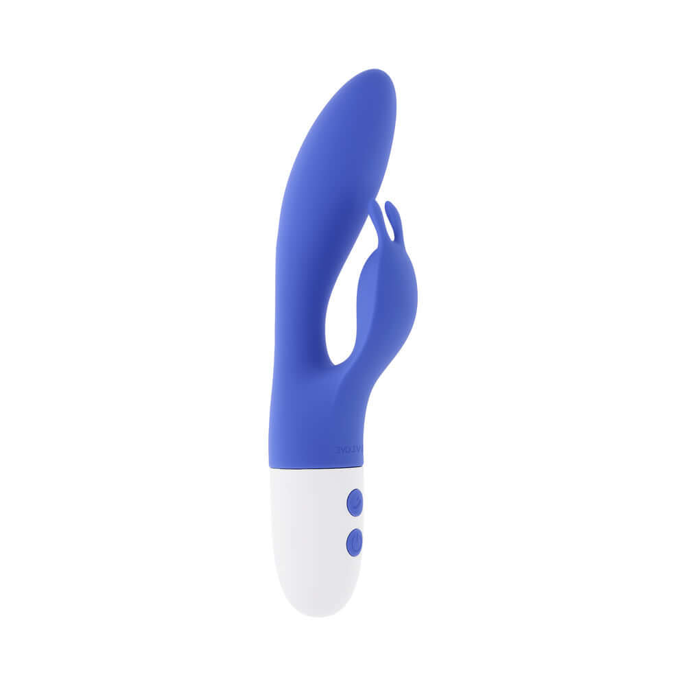 Evolved Funny Bunny Vibrator Blue showcasing its dual-stimulation design and soft silicone texture.