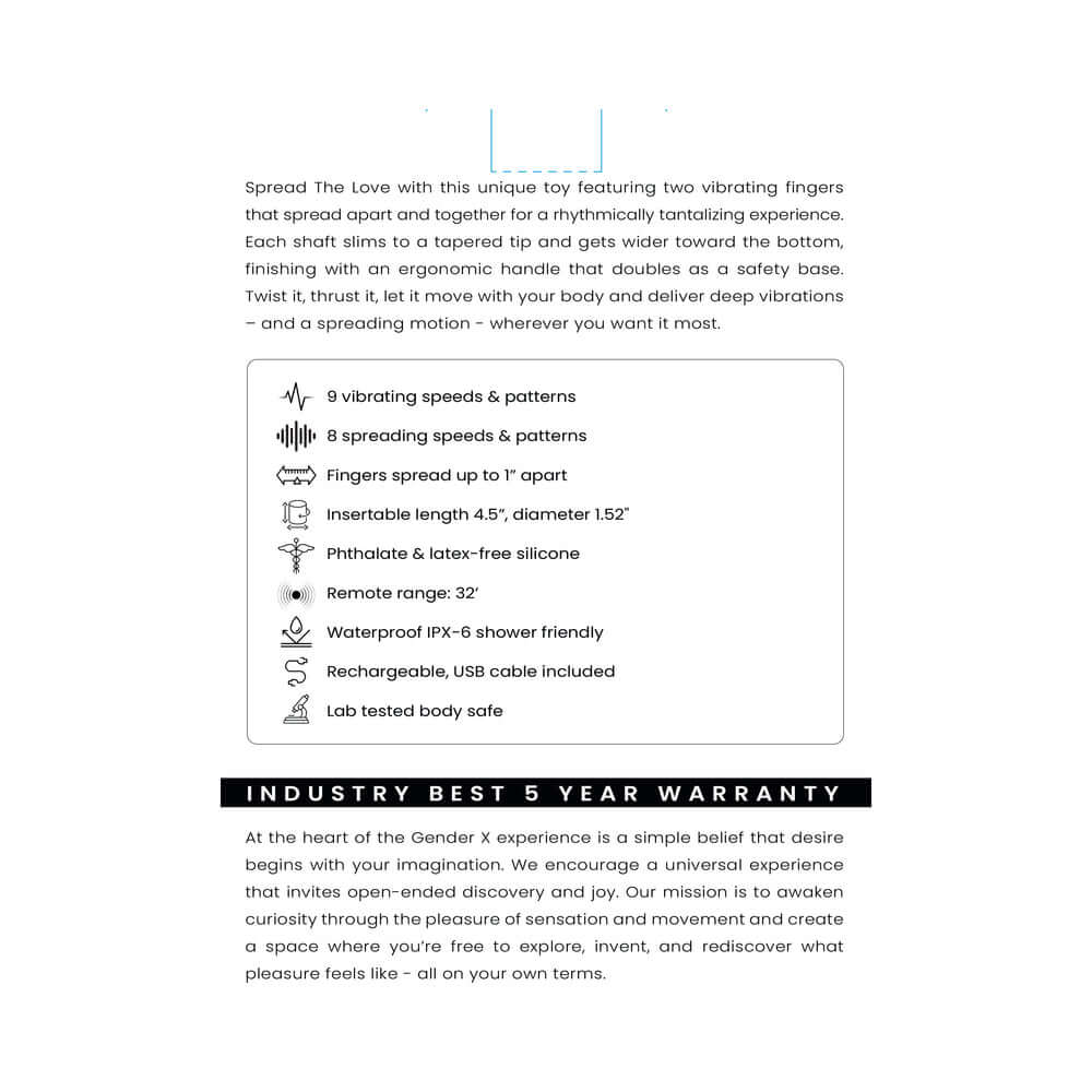 Gender X Spread The Love Prostate Massager Black features, specs, and warranty details for enhanced pleasure.