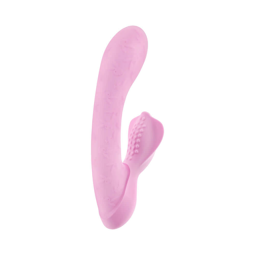 Playboy Pleasure Rabbit Party Vibrator Petal in soft pink silicone for dual stimulation and pleasure.