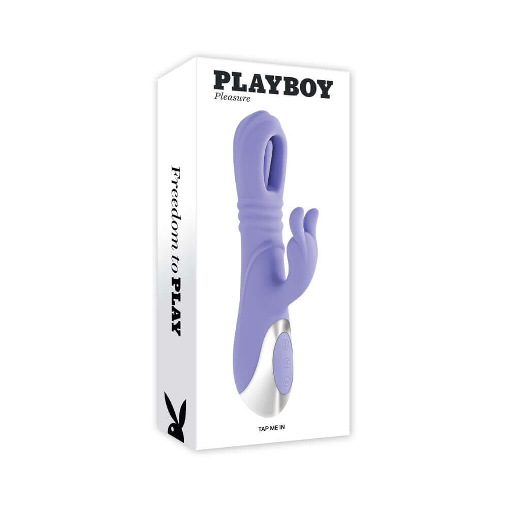Playboy Tap Me In Rabbit Vibrator Lilac packaging showcasing its design and features for enhanced pleasure.