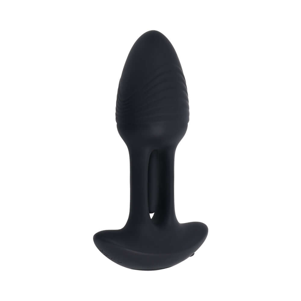 Playboy Pleasure Rim Shot 2 Anal Plug in sleek black silicone, featuring textured grooves for enhanced stimulation.