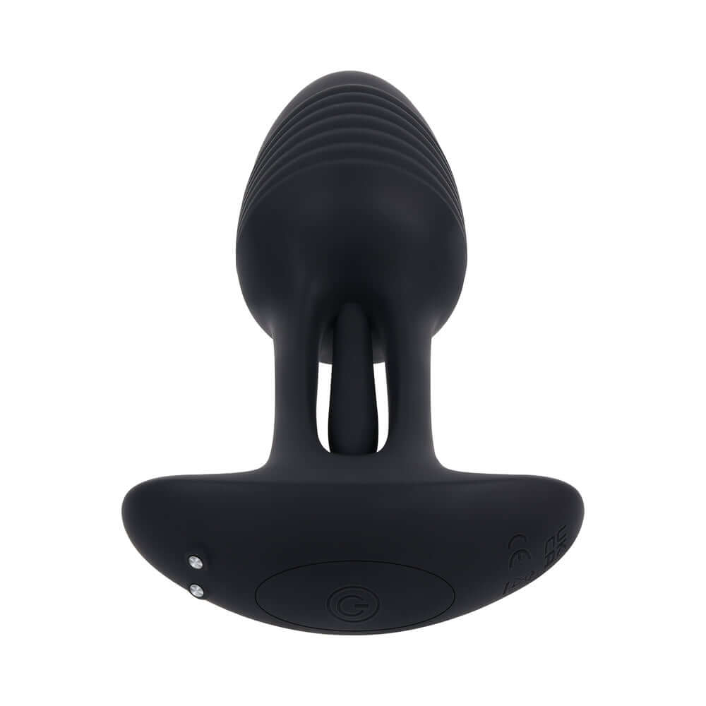 Playboy Pleasure Rim Shot 2 Anal Plug showcasing its sleek black design and unique flicking motion features.