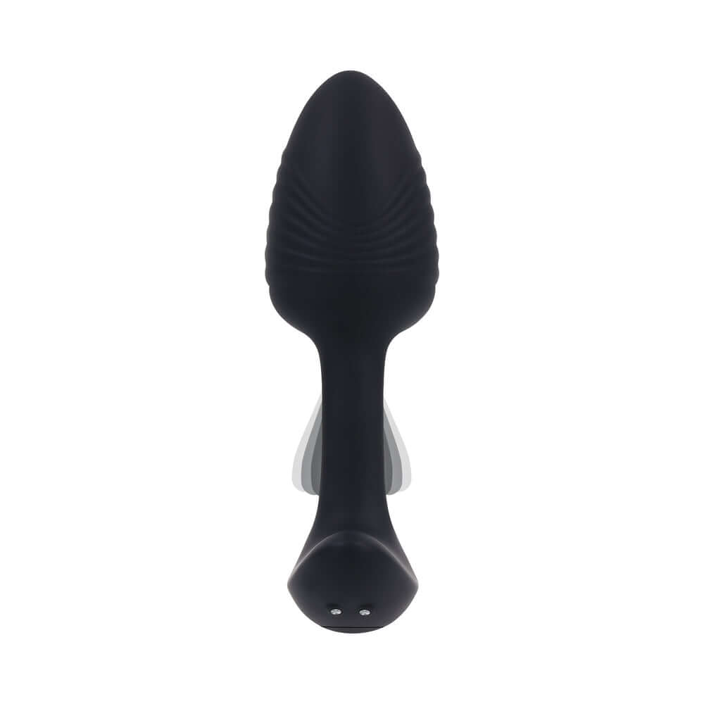 Playboy Pleasure Rim Shot 2 Anal Plug in a top view showing its sleek design and textured surface features.