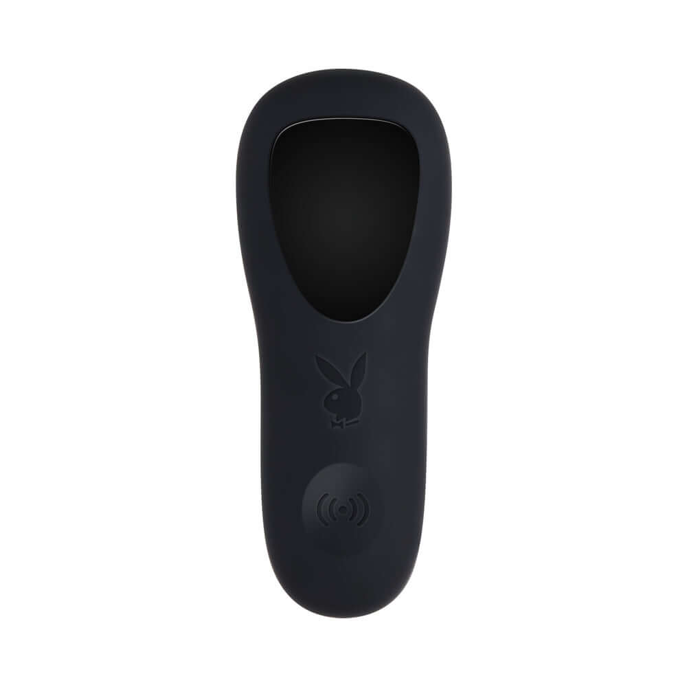 Playboy Pleasure Rim Shot 2 Anal Plug in sleek black silicone design with logo and controls.