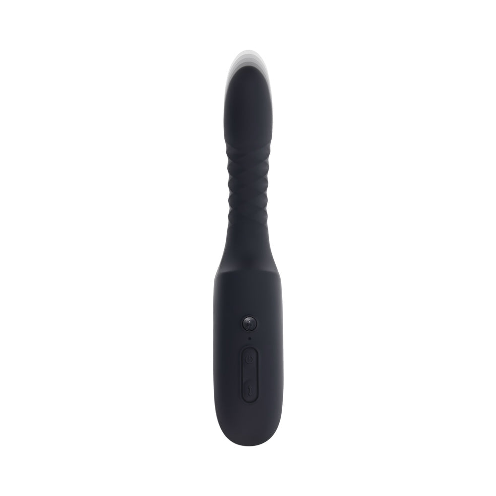 Playboy Overdrive Powerful Thrusting Vibrator in sleek black design with a textured grip and control button.