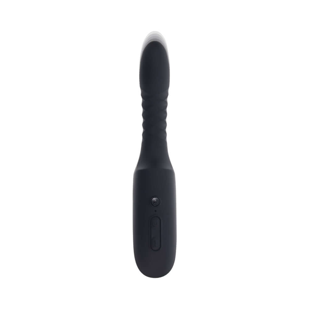 Playboy Overdrive Powerful Thrusting Vibrator in sleek black design with a textured grip and control button.