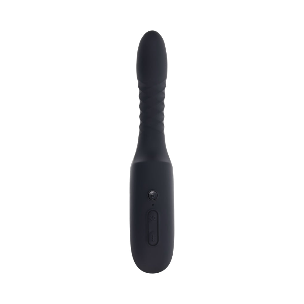 Playboy Overdrive Powerful Thrusting Vibrator in sleek black design with textured grip and control button.