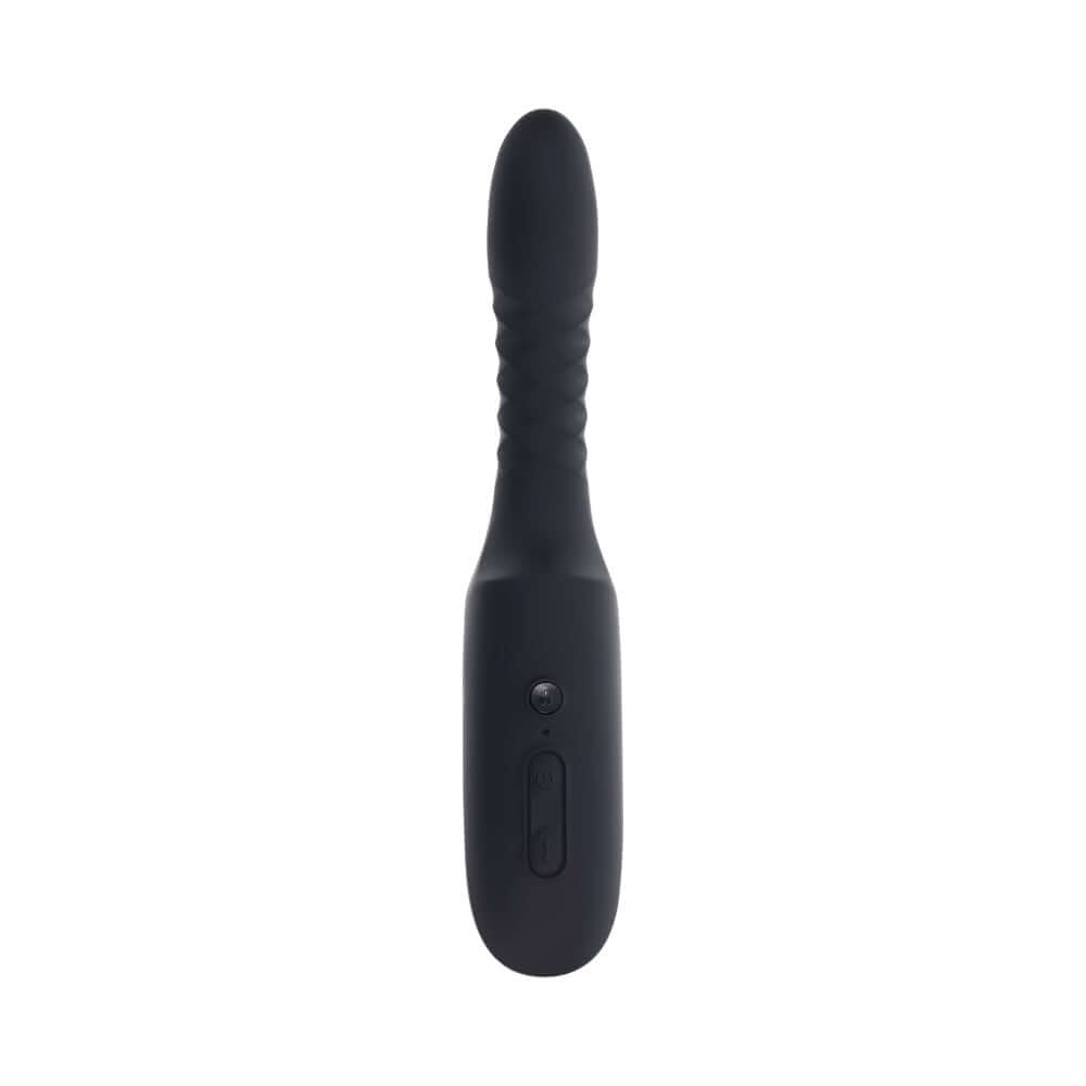 Playboy Overdrive Powerful Thrusting Vibrator in sleek black design with textured grip and control button.