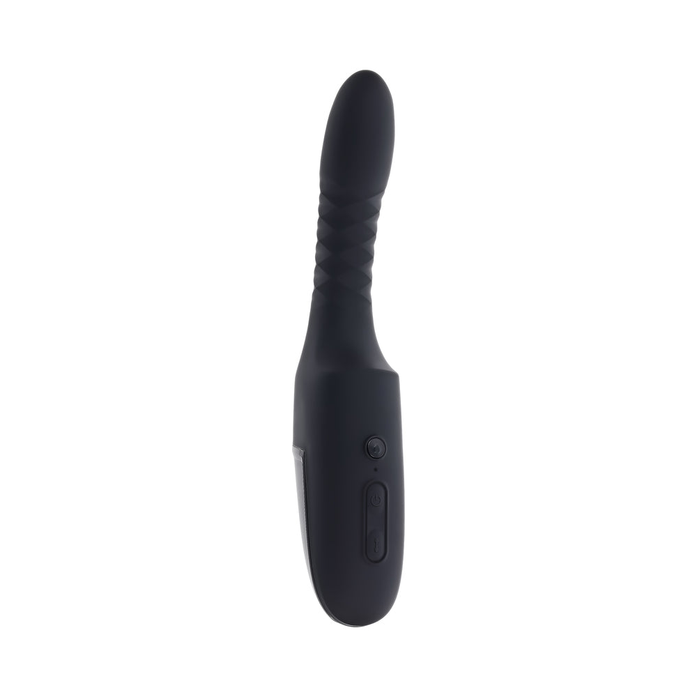 Playboy Overdrive Powerful Thrusting Vibrator in sleek black design with contoured shape and control button.