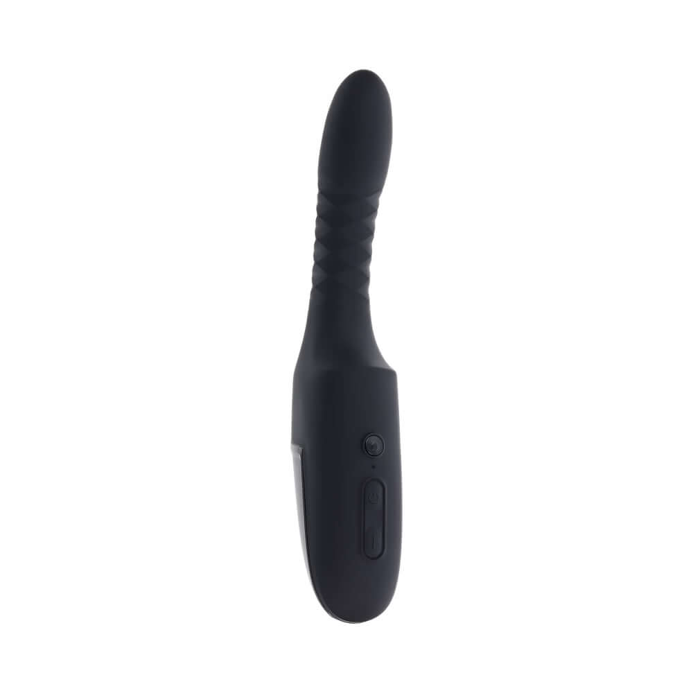 Playboy Overdrive Powerful Thrusting Vibrator in sleek black design with contoured shape and control button.