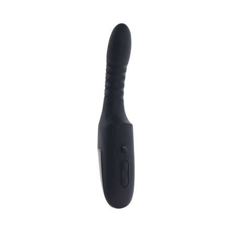 Playboy Overdrive Powerful Thrusting Vibrator in sleek black design with contoured shape and control button.
