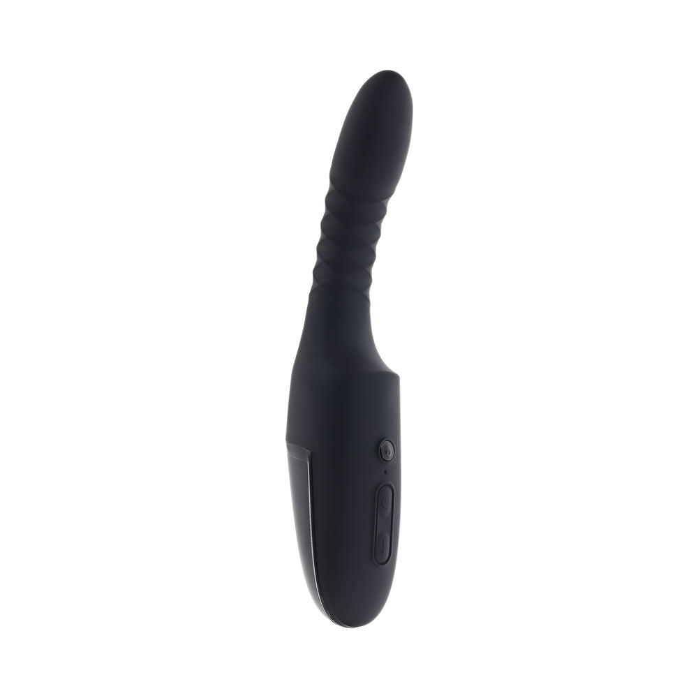 Playboy Overdrive Powerful Thrusting Vibrator in sleek black design with multiple vibration settings and thrusting motion.