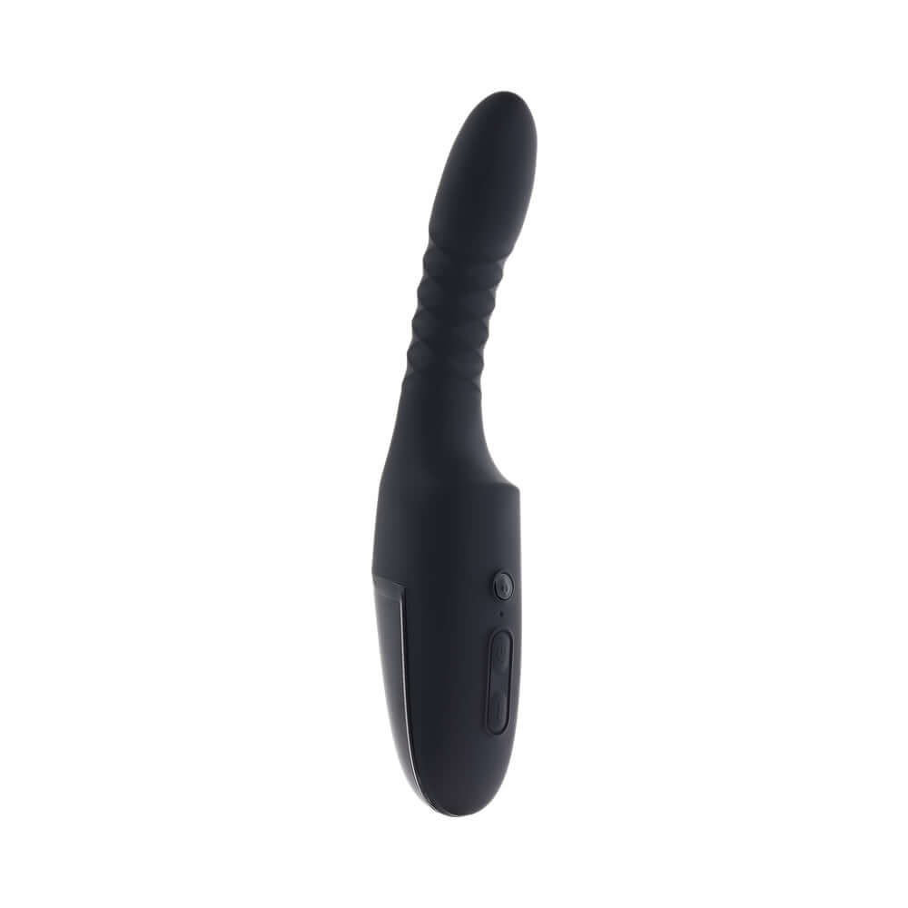 Playboy Overdrive Powerful Thrusting Vibrator in sleek black design with multiple vibration settings and thrusting motion.