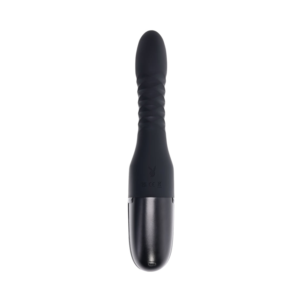 Playboy Overdrive Powerful Thrusting Vibrator in sleek black design with textured grip and smooth finish.