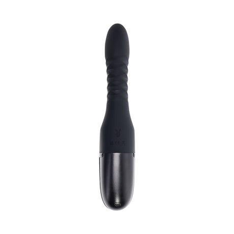 Playboy Overdrive Powerful Thrusting Vibrator in sleek black design with textured grip and smooth finish.