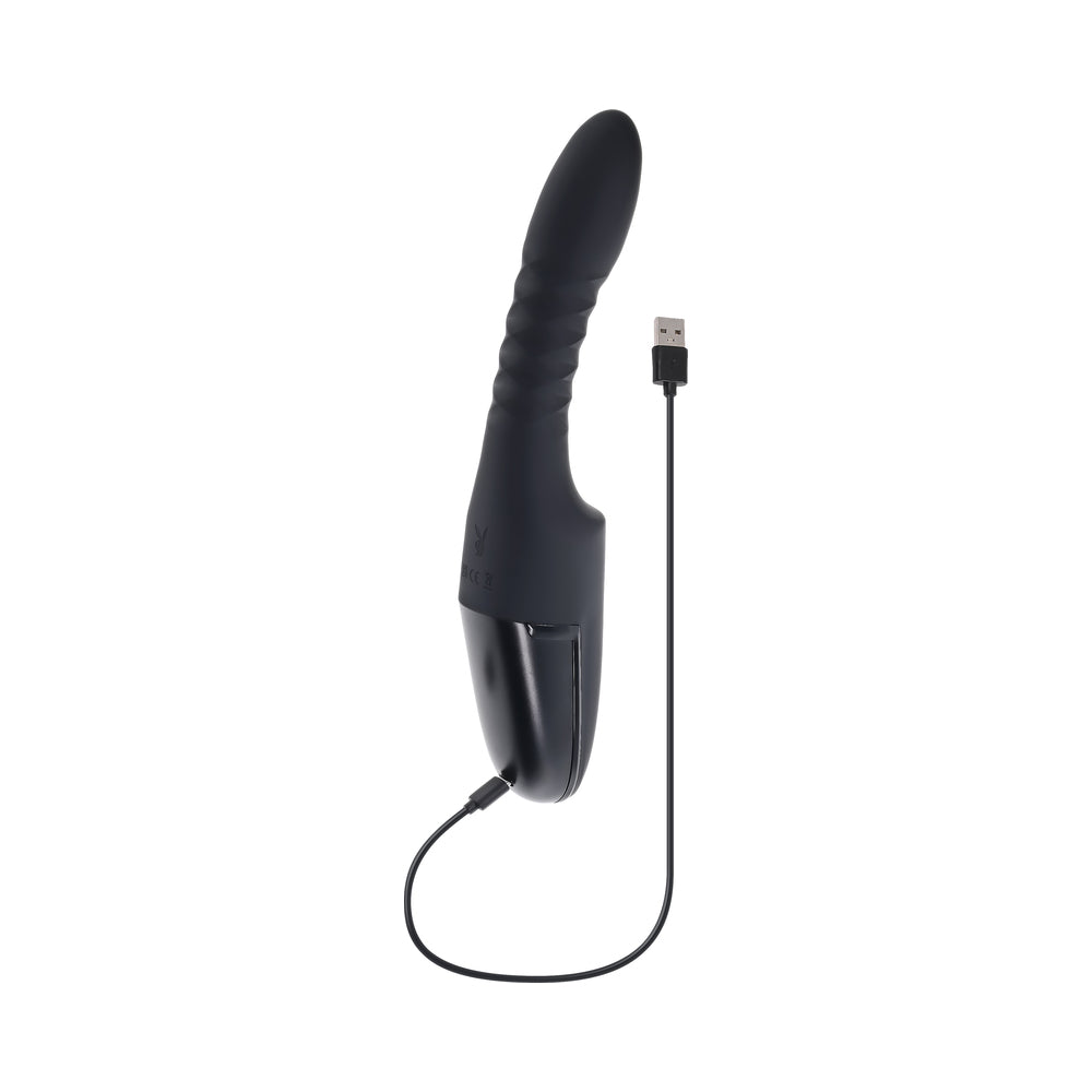 Playboy Overdrive Powerful Thrusting Vibrator with USB charging cable, designed for intense pleasure and thrusting action.