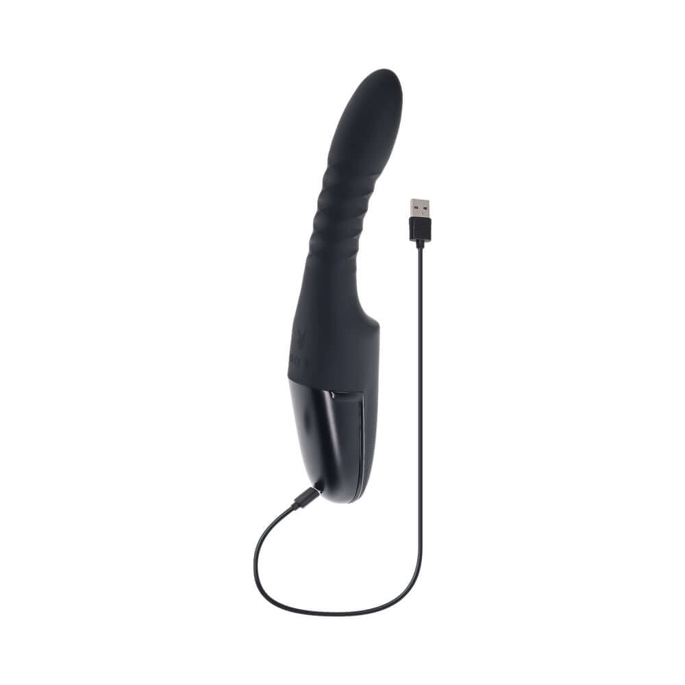 Playboy Overdrive Powerful Thrusting Vibrator with USB charging cable, designed for intense pleasure and thrusting action.