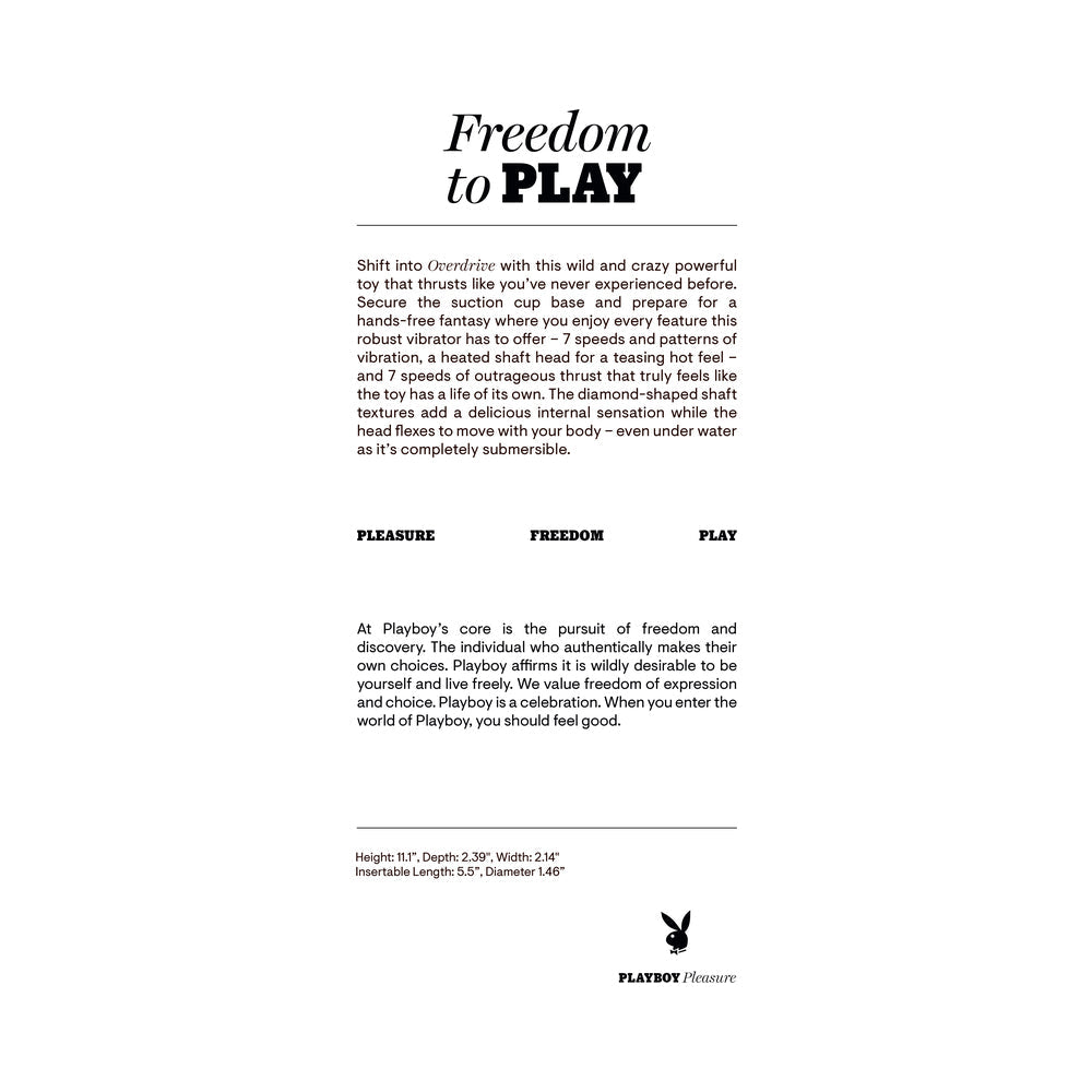 Playboy Overdrive Powerful Thrusting Vibrator product details, showcasing features like thrusting motion and heating sensations.