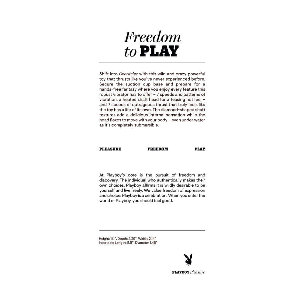 Playboy Overdrive Powerful Thrusting Vibrator product details, showcasing features like thrusting motion and heating sensations.