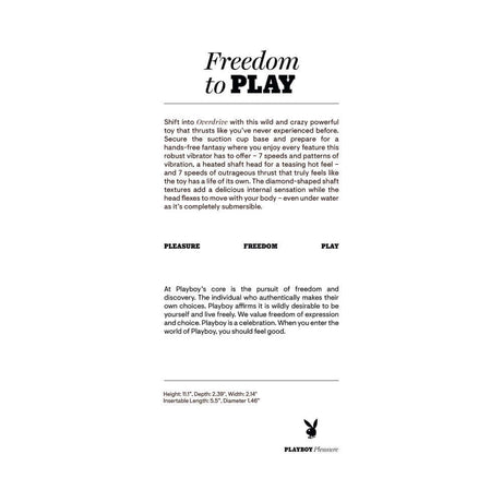 Playboy Overdrive Powerful Thrusting Vibrator product details, showcasing features like thrusting motion and heating sensations.