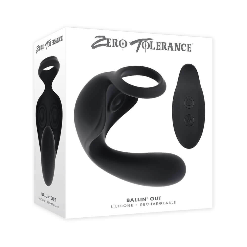 Zero Tolerance Ballin Out Black sex toy in packaging, featuring silicone design and remote control for convenient use.