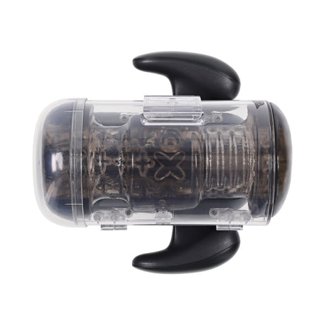 Zero Tolerance Hold Me Tight Stroker Black in a clear casing with black handles for enhanced grip and control.