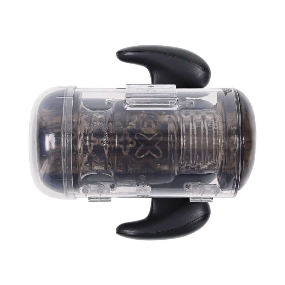 Zero Tolerance Hold Me Tight Stroker Black in a clear casing with black handles for enhanced grip and control.