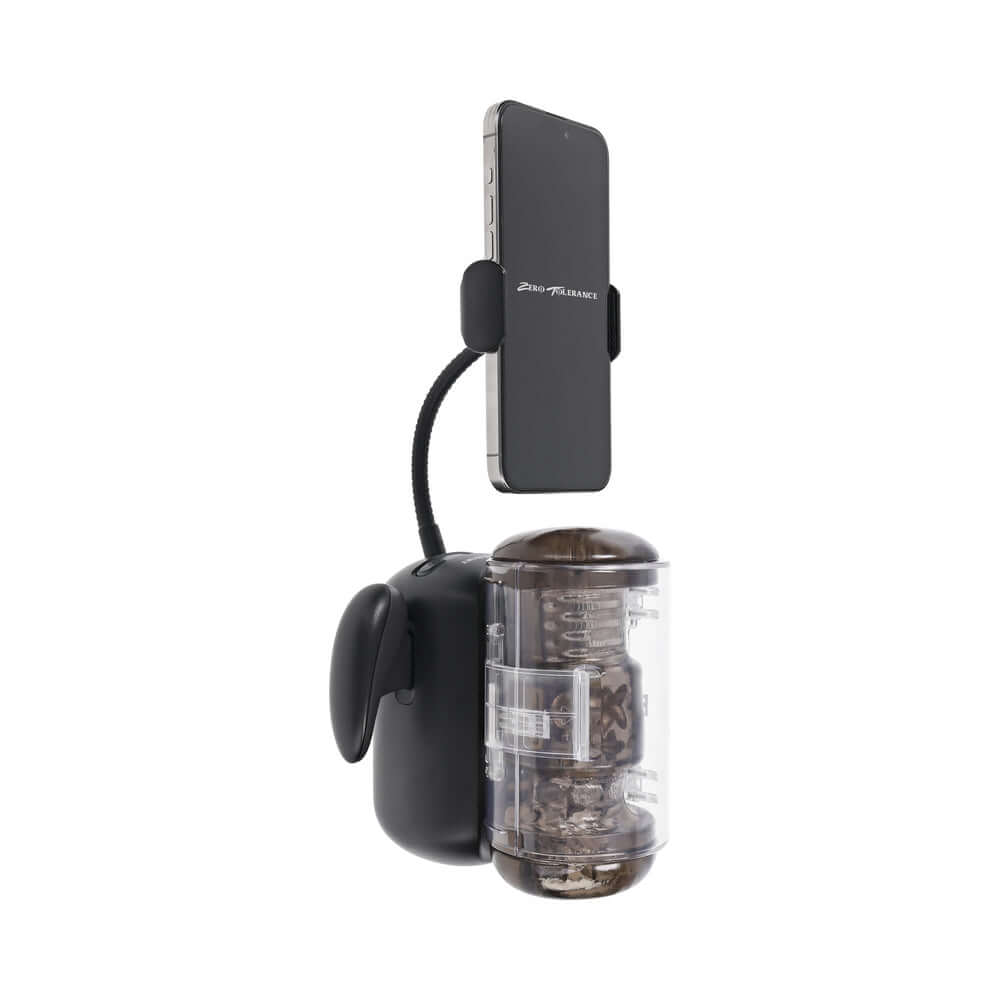 Zero Tolerance Hold Me Tight Stroker Black with smartphone mount for interactive pleasure.