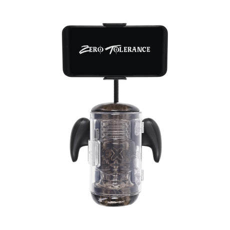 Zero Tolerance Hold Me Tight Stroker Black with mobile device holder for enhanced pleasure and interactive experience.