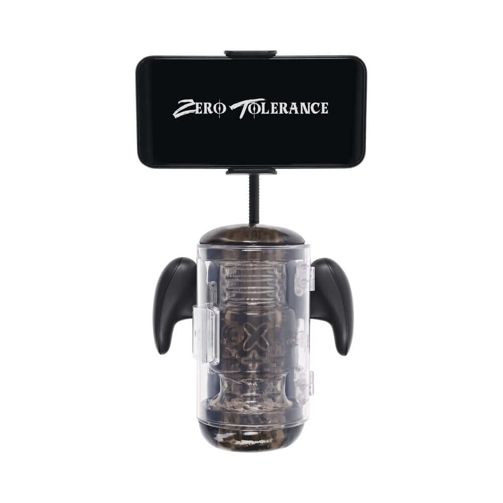Zero Tolerance Hold Me Tight Stroker Black with mobile device holder for enhanced pleasure and interactive experience.