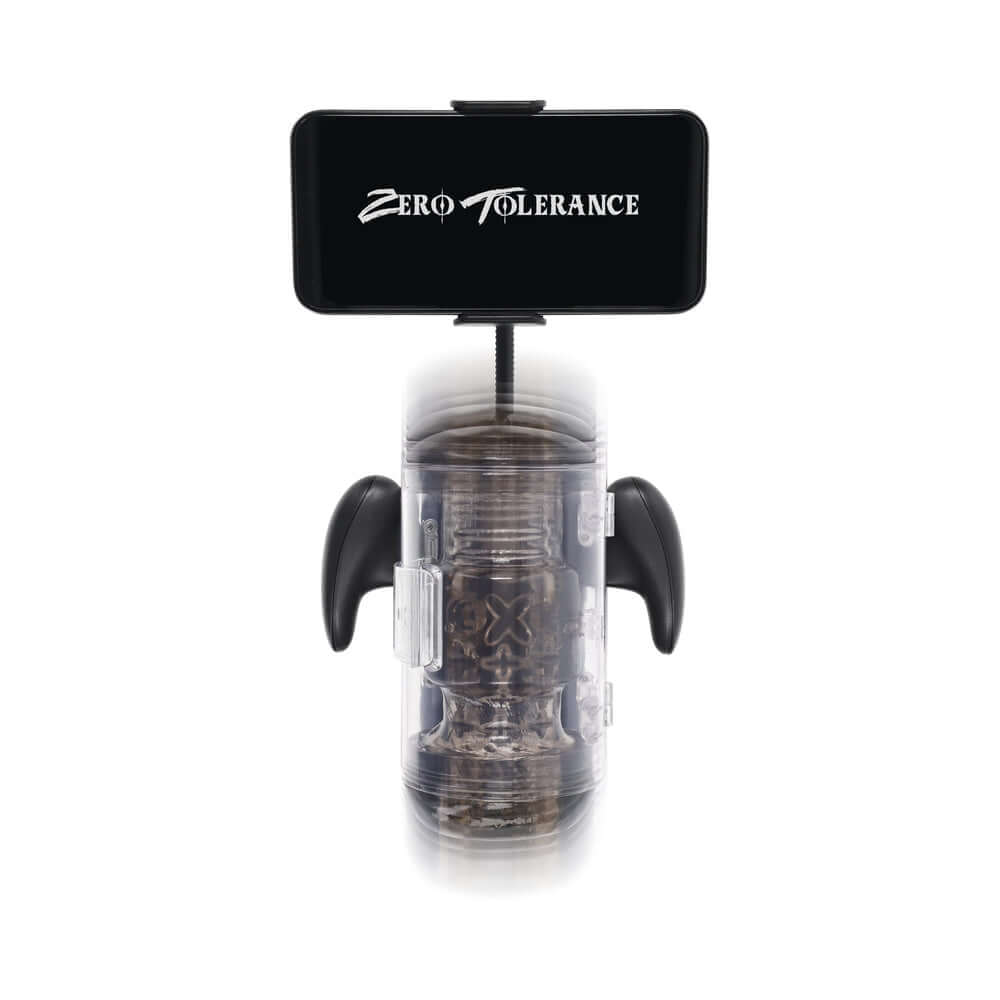 Zero Tolerance Hold Me Tight Stroker Black with mobile device holder and ergonomic design for enhanced pleasure.