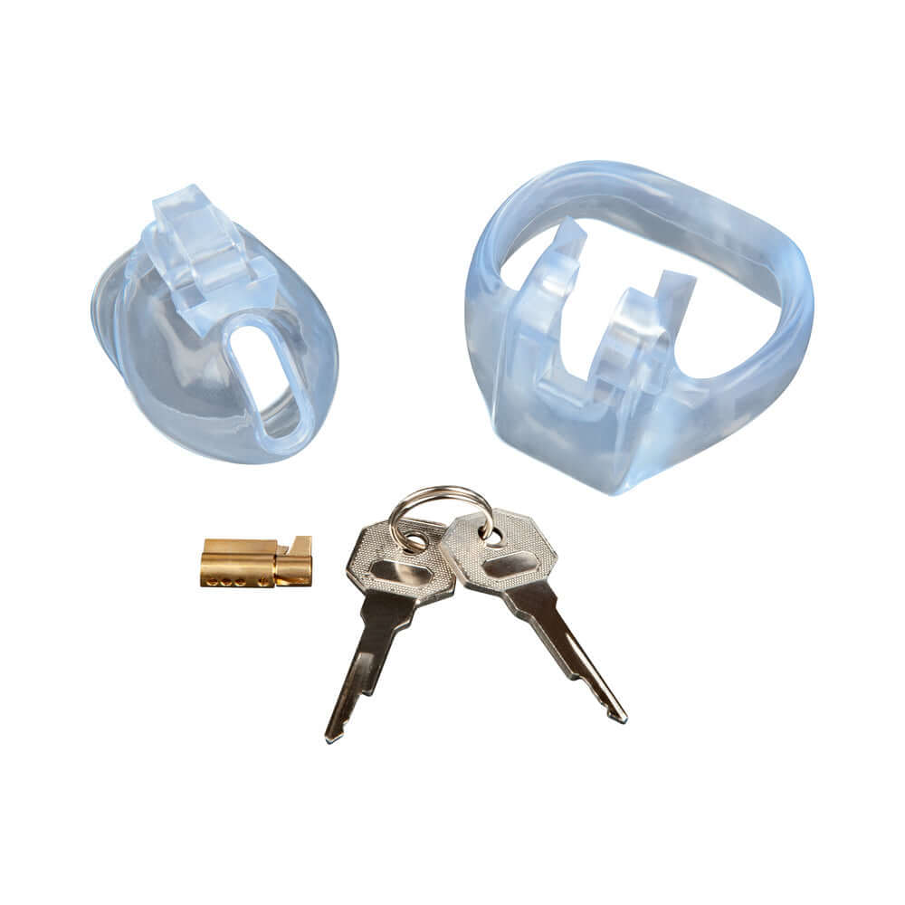 Blue Line Small Dick Acrylic Mini Chastity Cage components including keys and locking mechanism.
