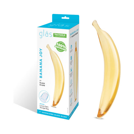 Glas Banana Joy 7 inches Glass Dildo in packaging with a playful banana design, showcasing its handblown artistry.