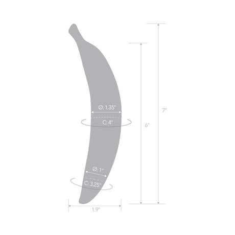Dimensions of the Glas Banana Joy 7 inches Glass Dildo with measurements shown in inches.