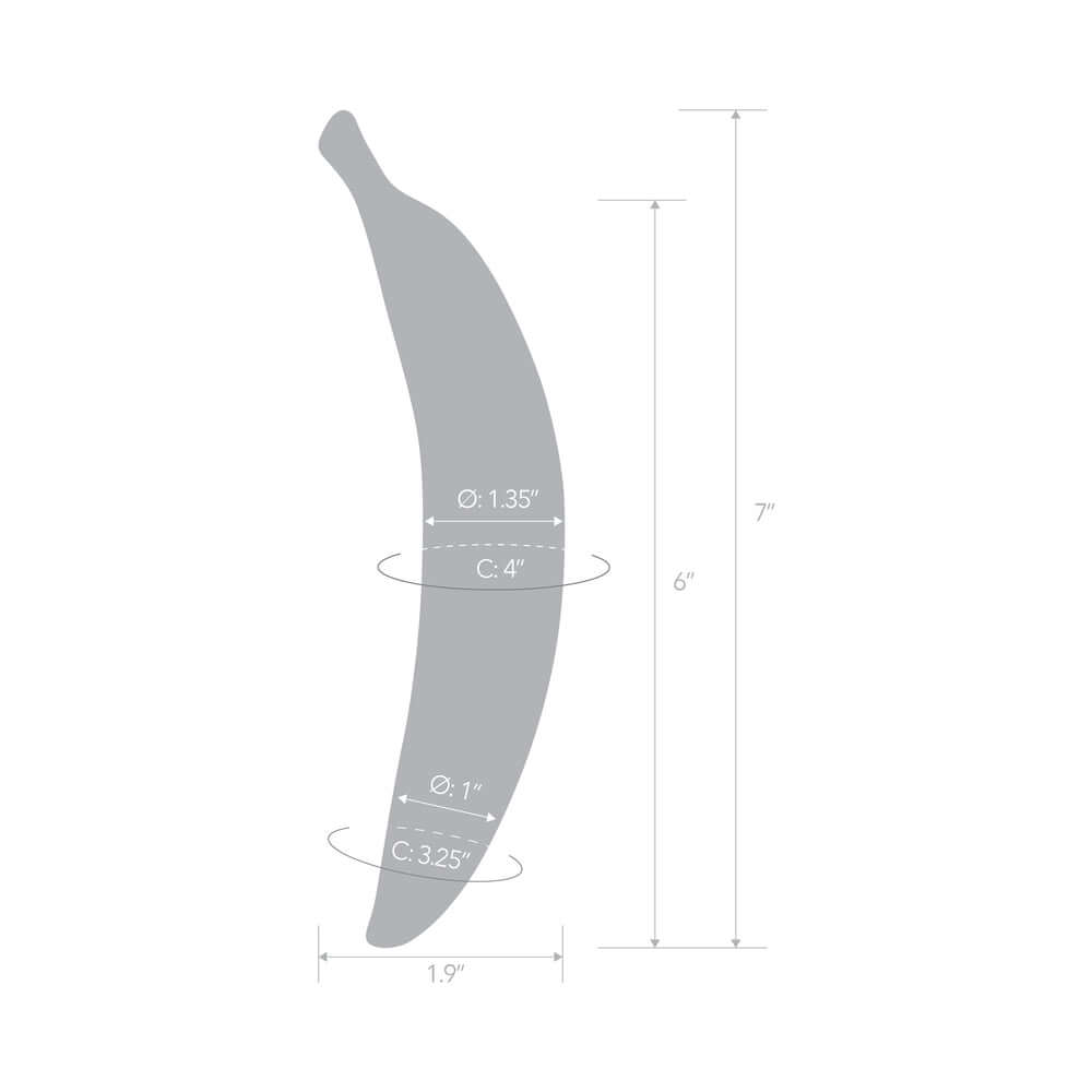 Dimensions of the Glas Banana Joy 7 inches Glass Dildo with measurements shown in inches.