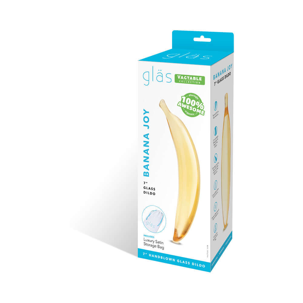 Glas Banana Joy 7 inches Glass Dildo packaging with playful banana design and luxury storage bag.
