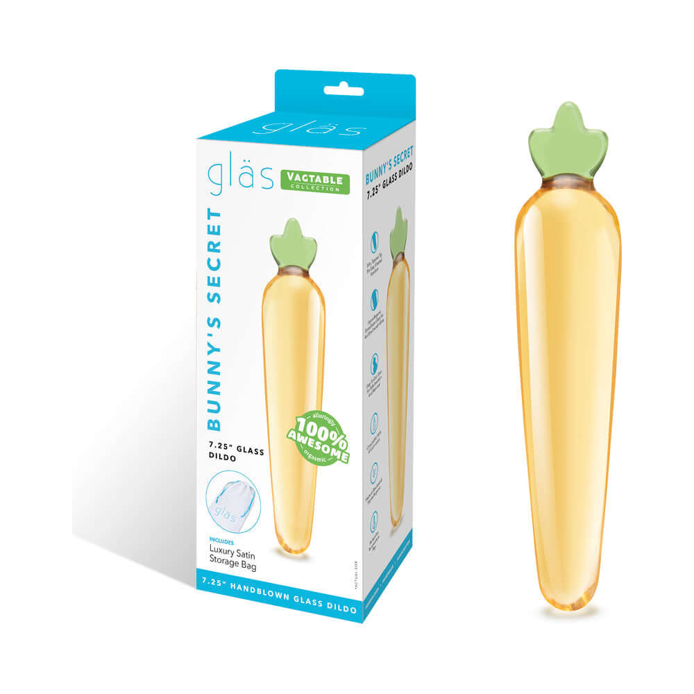 Glas Bunnys Secret 7.25 inches Glass Dildo showcased with packaging on a white background.