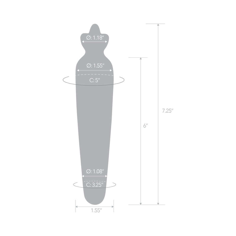 Dimensions of the Glas Bunnys Secret 7.25 inches Glass Dildo with measurements for size reference.