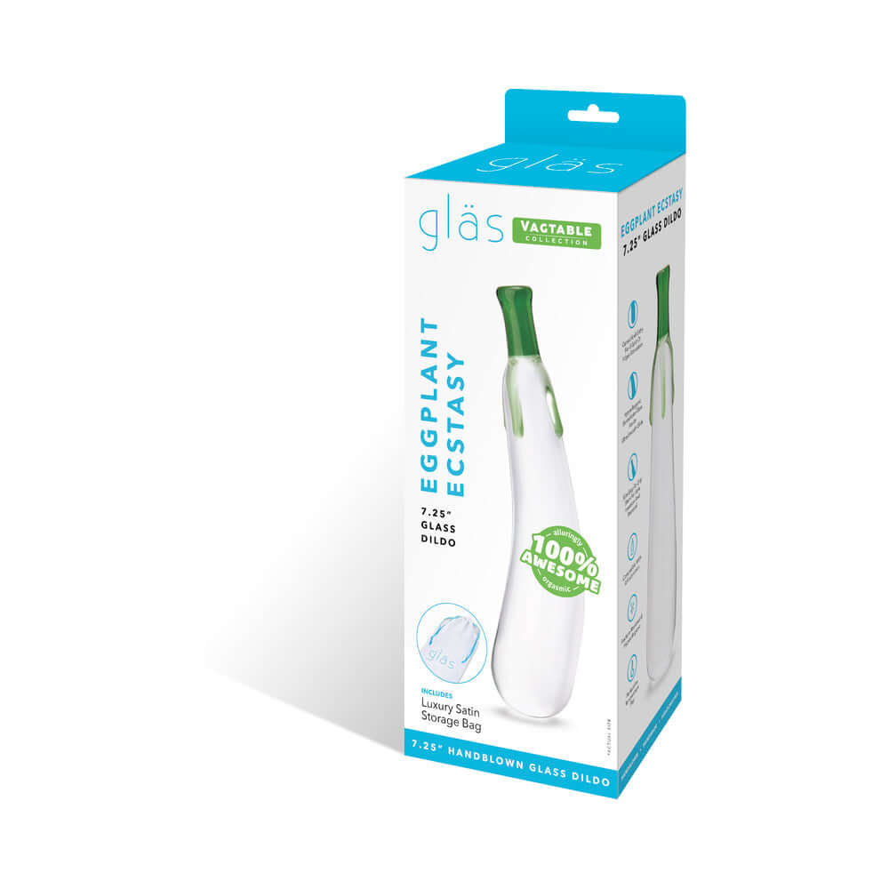 Glas Eggplant Ecstasy 7.25 inches Glass Dildo packaged in a vibrant box for luxury pleasure experiences.