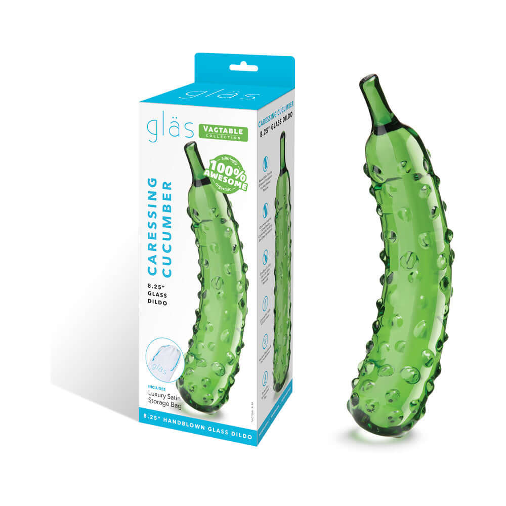 Glas Caressing Cucumber 8.25 inches Glass Dildo in packaging, showcasing its unique design and textured surface.