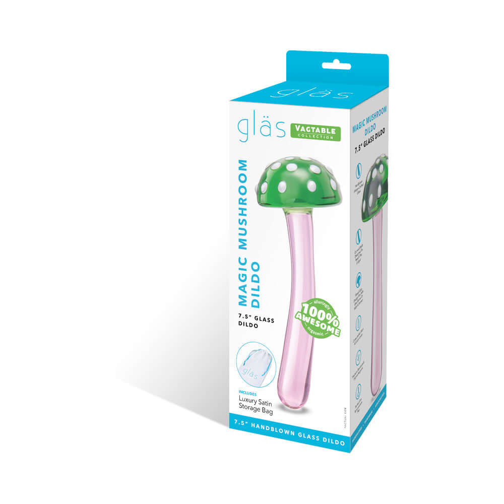 Glas Magic Mushroom Dildo 7.5 inches Glass Dildo packaging featuring a vibrant green mushroom cap and pink stem.