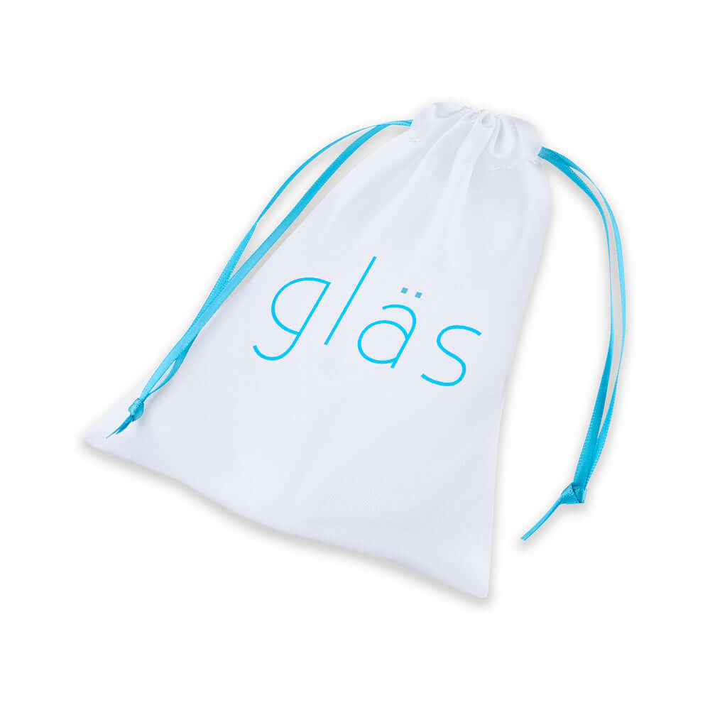 Glas Cornstar 4 inches Glass Butt Plug storage pouch with blue drawstrings and logo.