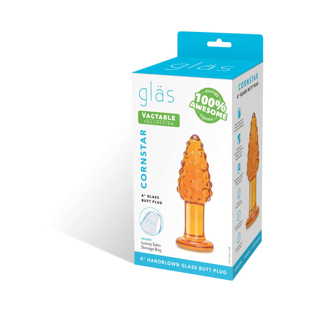 Glas Cornstar 4 inches Glass Butt Plug in packaging with corn-on-the-cob design and included storage bag.
