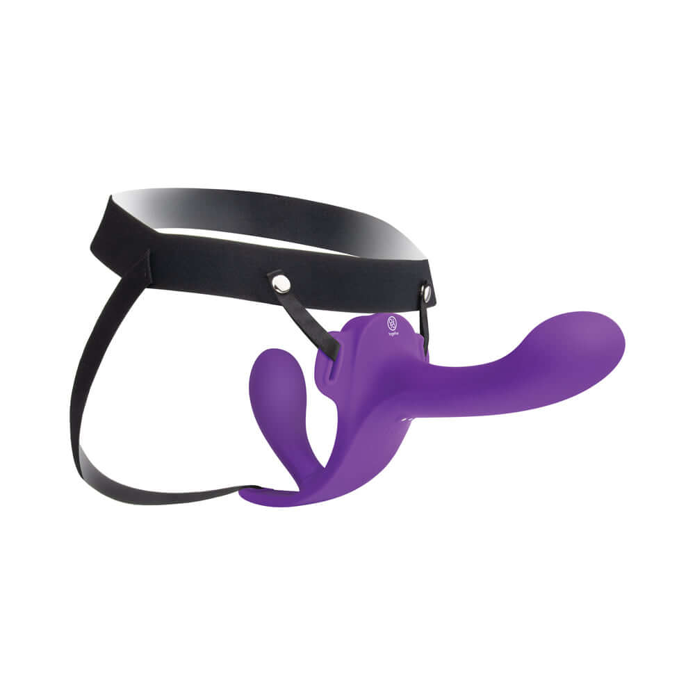 Together Lock-In Dual-Ended Vibrating Strap-on & Harness Set featuring a purple vibrating end and adjustable harness.