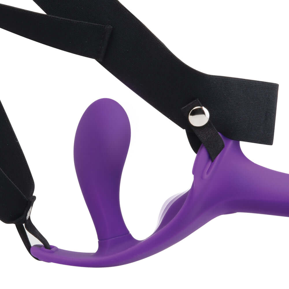 Together Lock-In Dual-Ended Vibrating Strap-on & Harness Set featuring purple silicone design and adjustable straps.